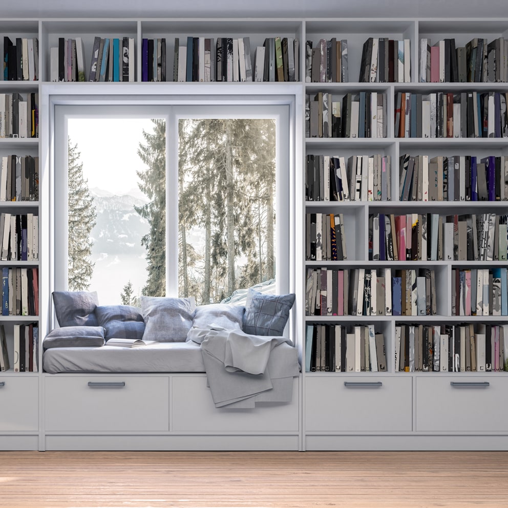 Home Office Bookshelves and Bookcase Installed in Scandinavian Style Home With Window Forest View