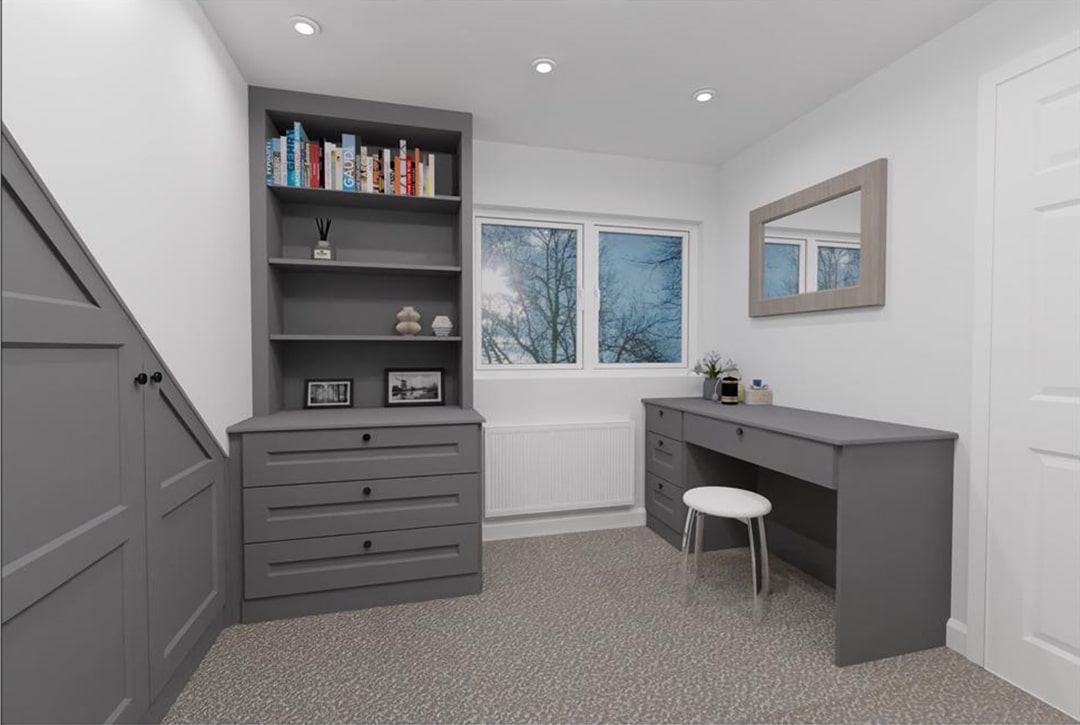 Grey CGI dressing room with drawers, bookcase and vanity desk