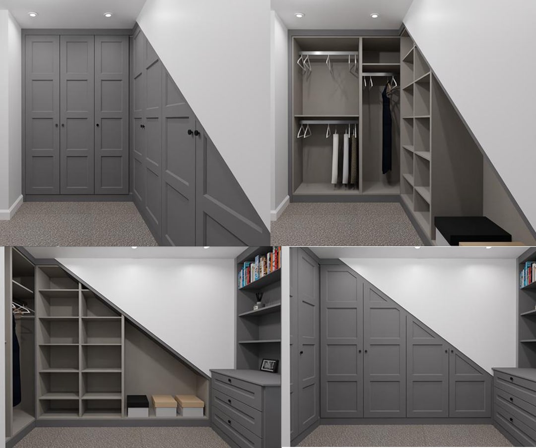 Grey CGI fitted wardrobes under sloped ceiling, four views