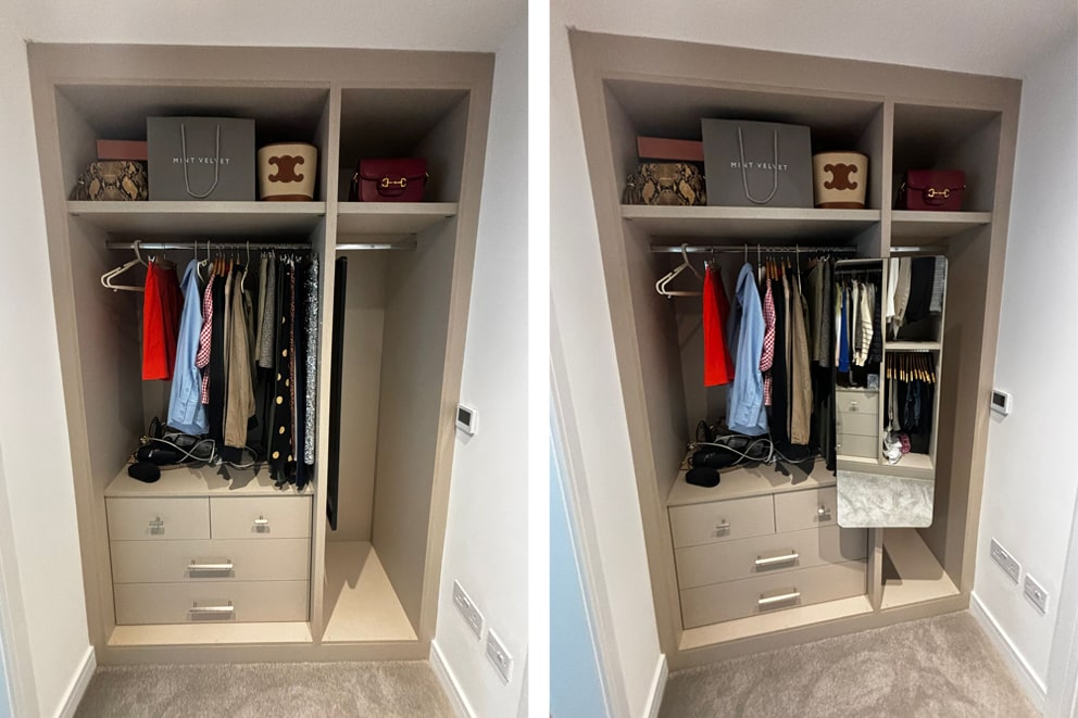 Alcove wardrobe shown closed and with pull-out mirror extended