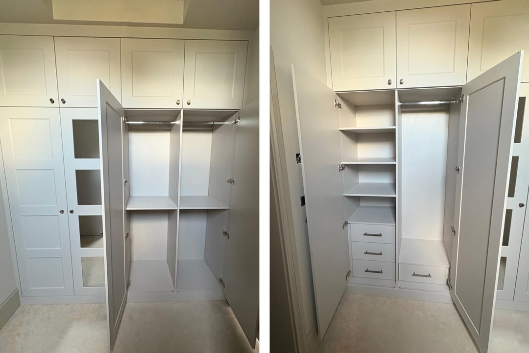 Open white wardrobes revealing hanging rails and central shelf divider