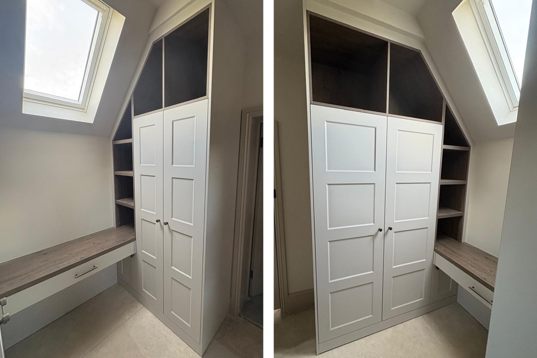 Porcelain shaker wardrobes and oak desk fitted under sloped ceiling