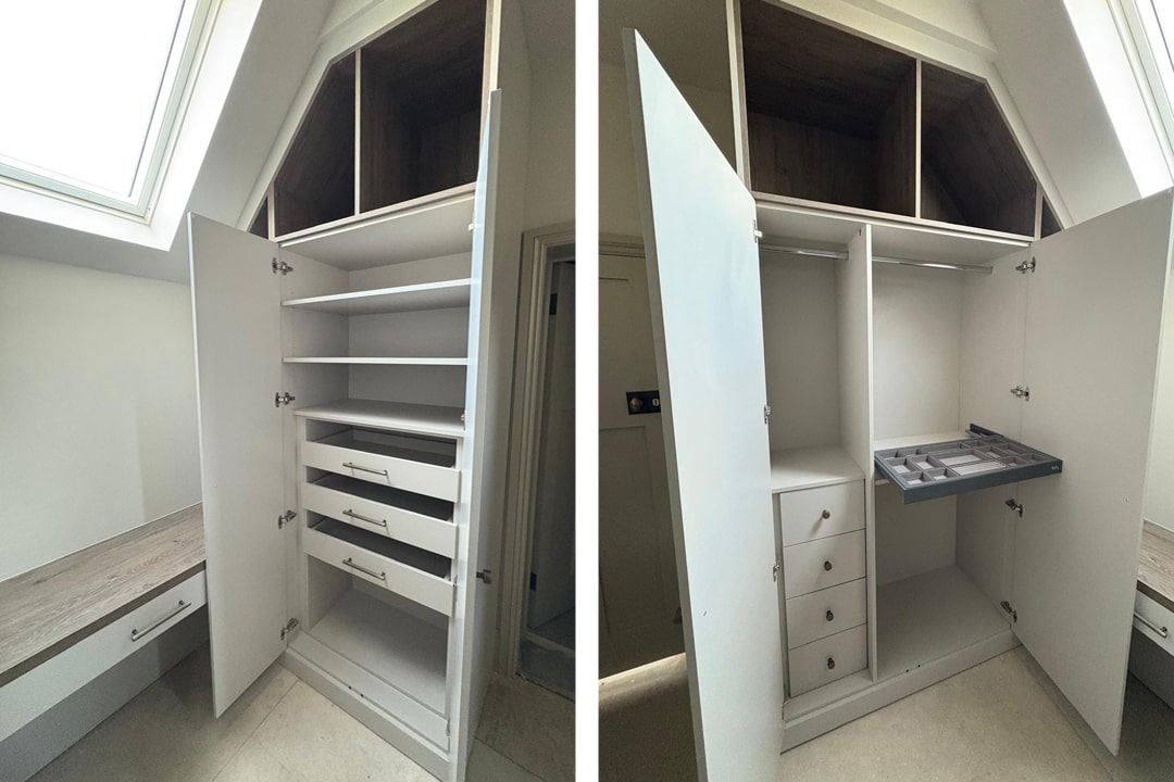 Open wardrobe showing shelves, drawers and pull-out jewellery tray