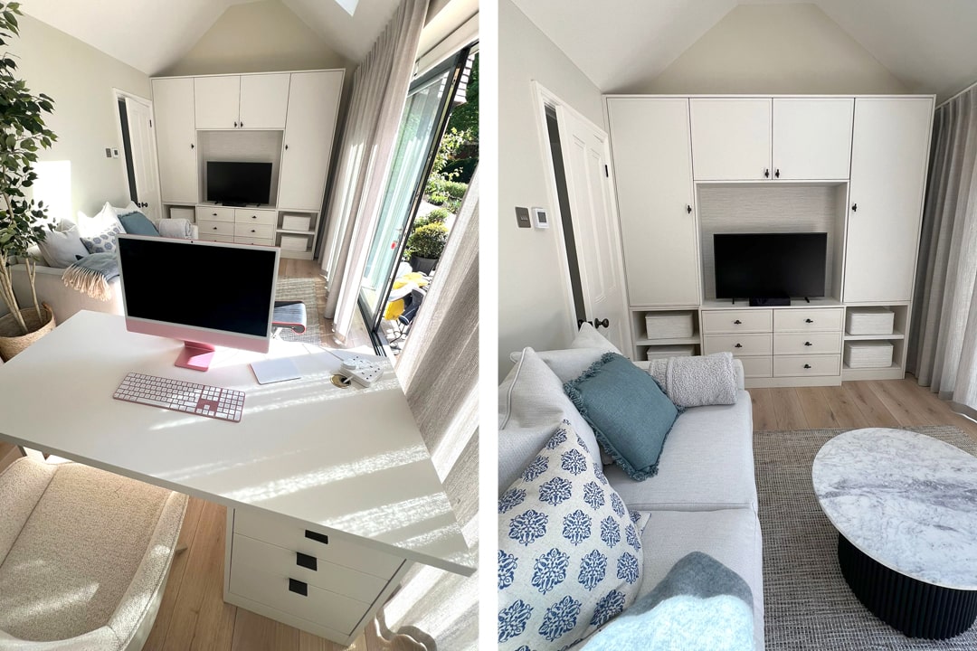 Fitted home office with a full desk run and built-in cabinets
