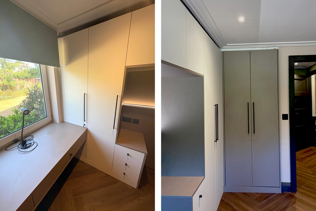 Luxury hotel-style bespoke built-in desk and overbed wardrobes set