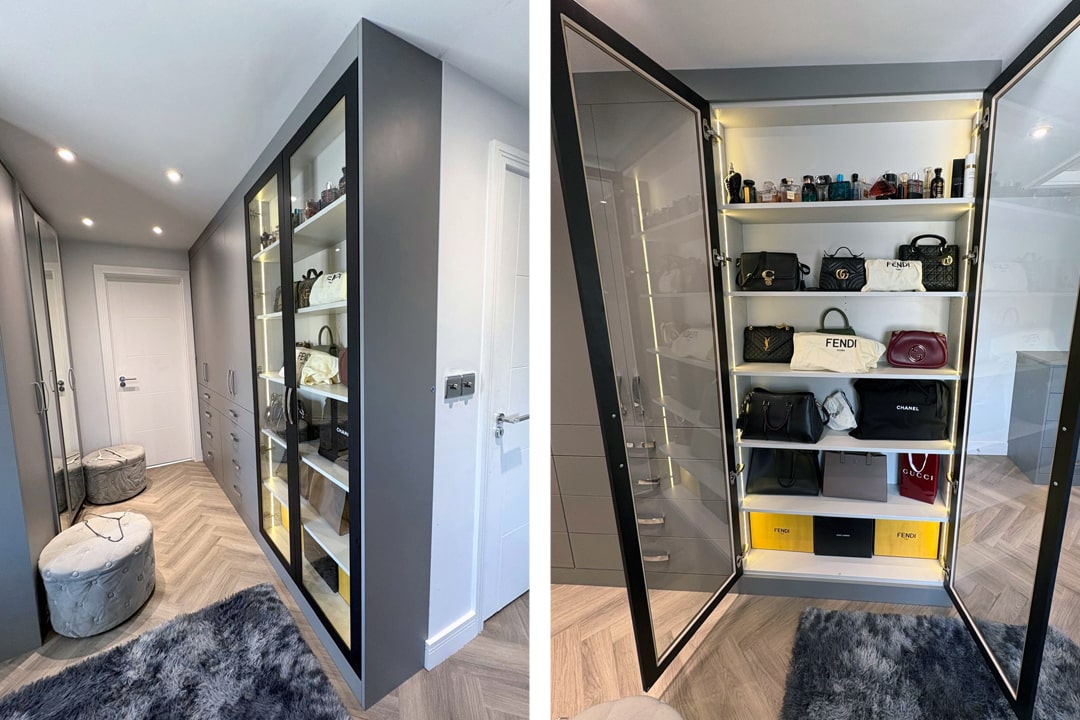 Luxury boutique-style affordable bespoke fitted dressing room with built in wardrobe and display cabinet for designer handbags