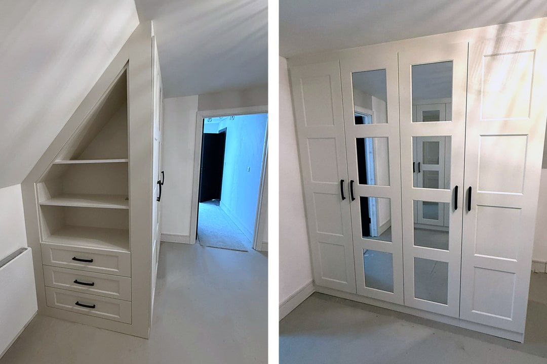 Luxury frost white shaker style loft space fitted dressing room wardrobes with matt black handles and full-height mirror doors