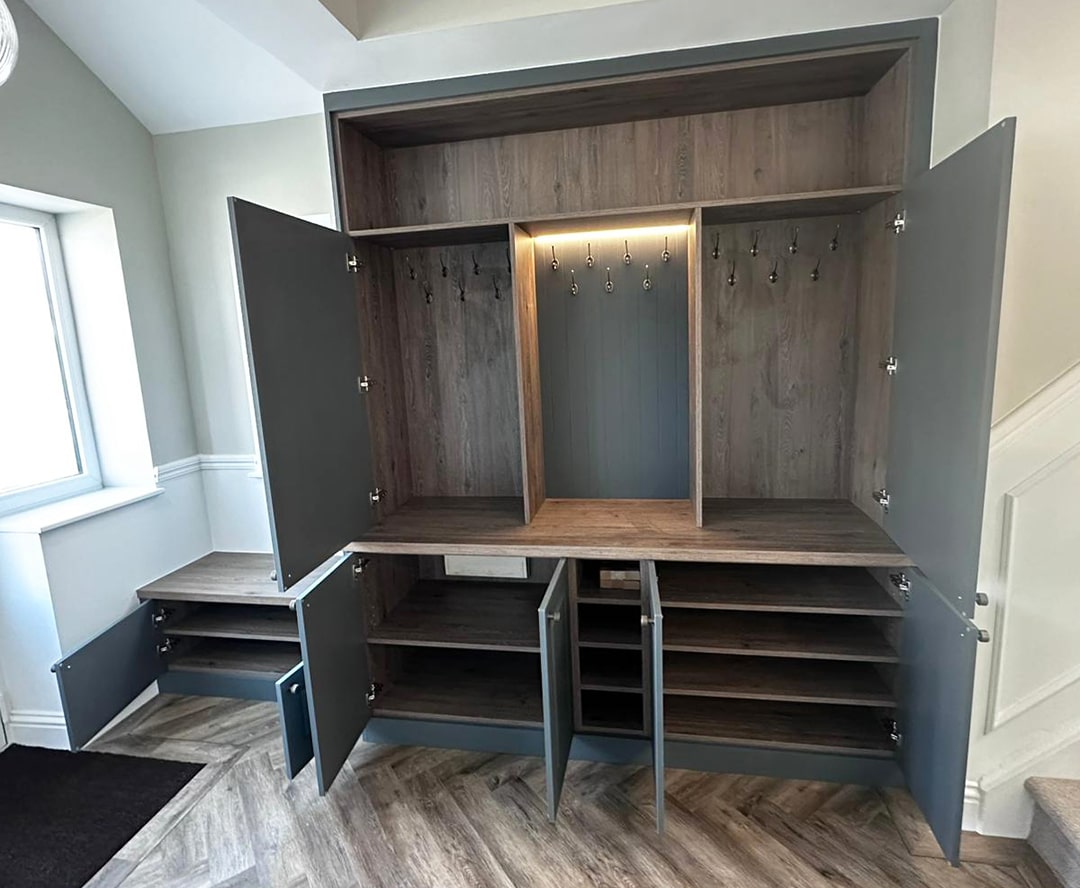 Bespoke hallway boot room unit in heritage green