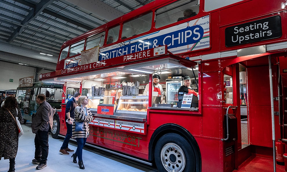Mobile Double Decker Fish & Chip Shop Red London Bus at the Homebuilding & Renovation Show 2024