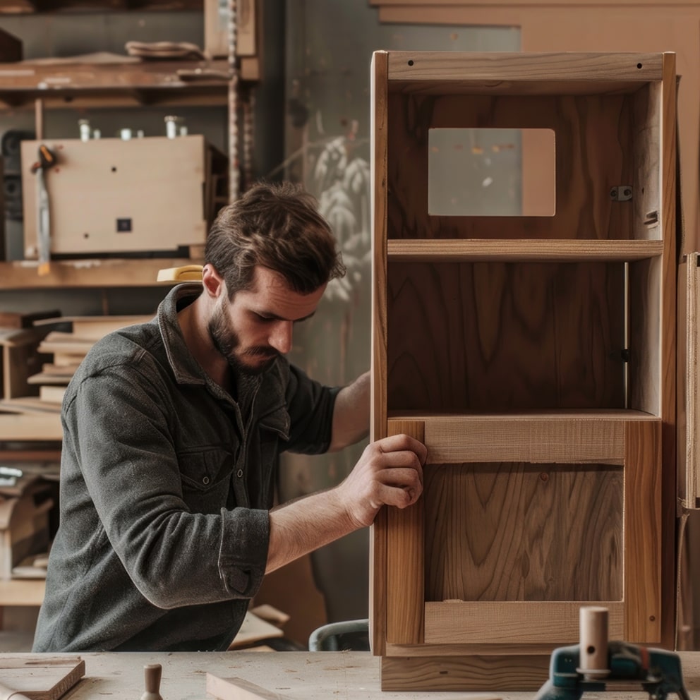 Man assembling fitted cupboard made from wood in his workshop