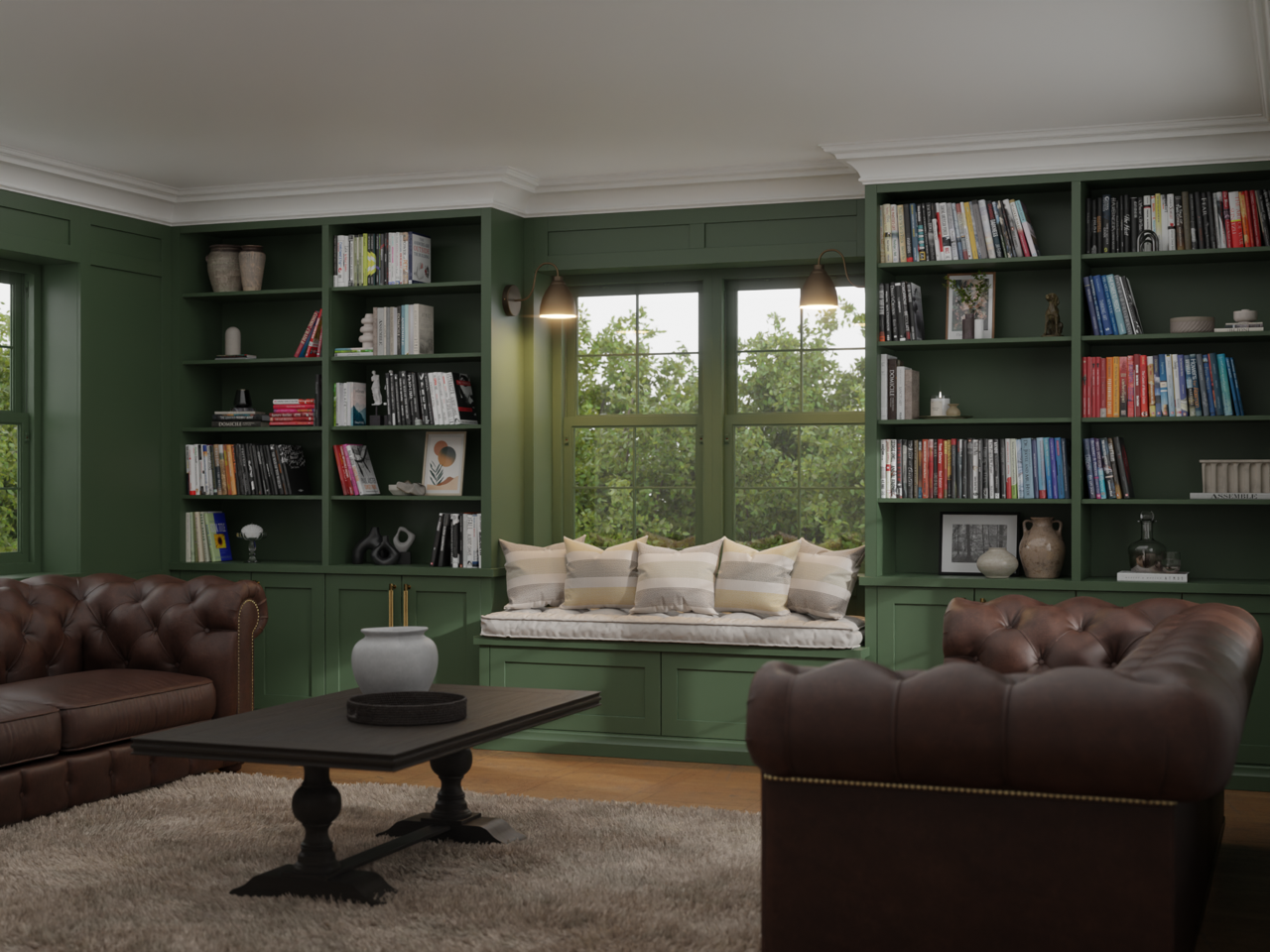 Bespoke green library bookcases with window seat