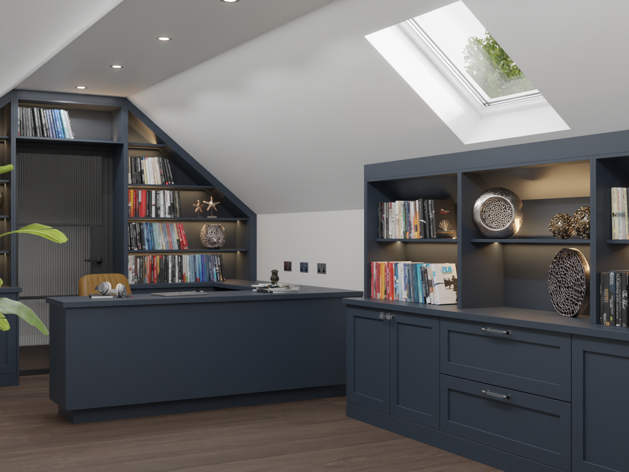 Navy fitted loft office with bookcases