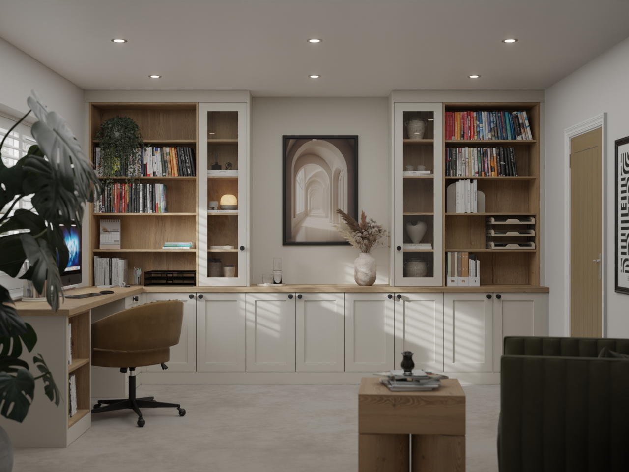Cream and oak fitted study with bookcases