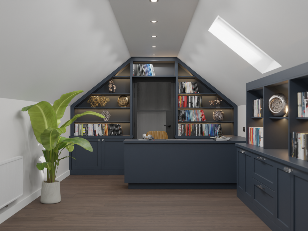 Navy fitted loft office bookcases, second view