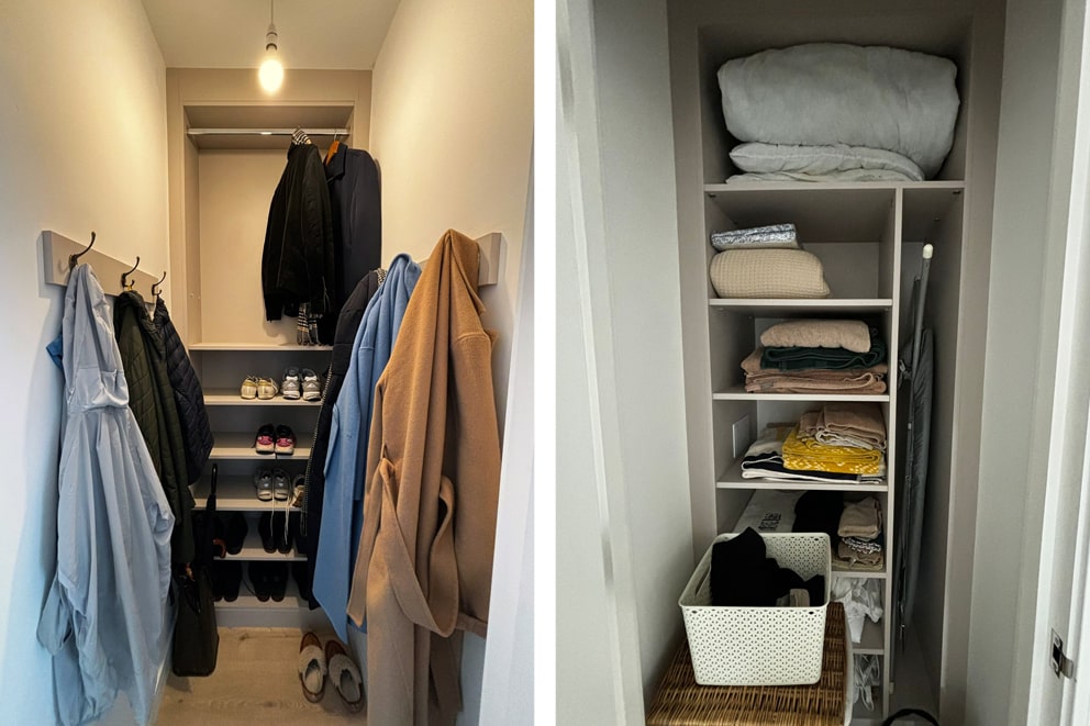 Coat hooks, shoe shelves and shelved linen alcove cupboards
