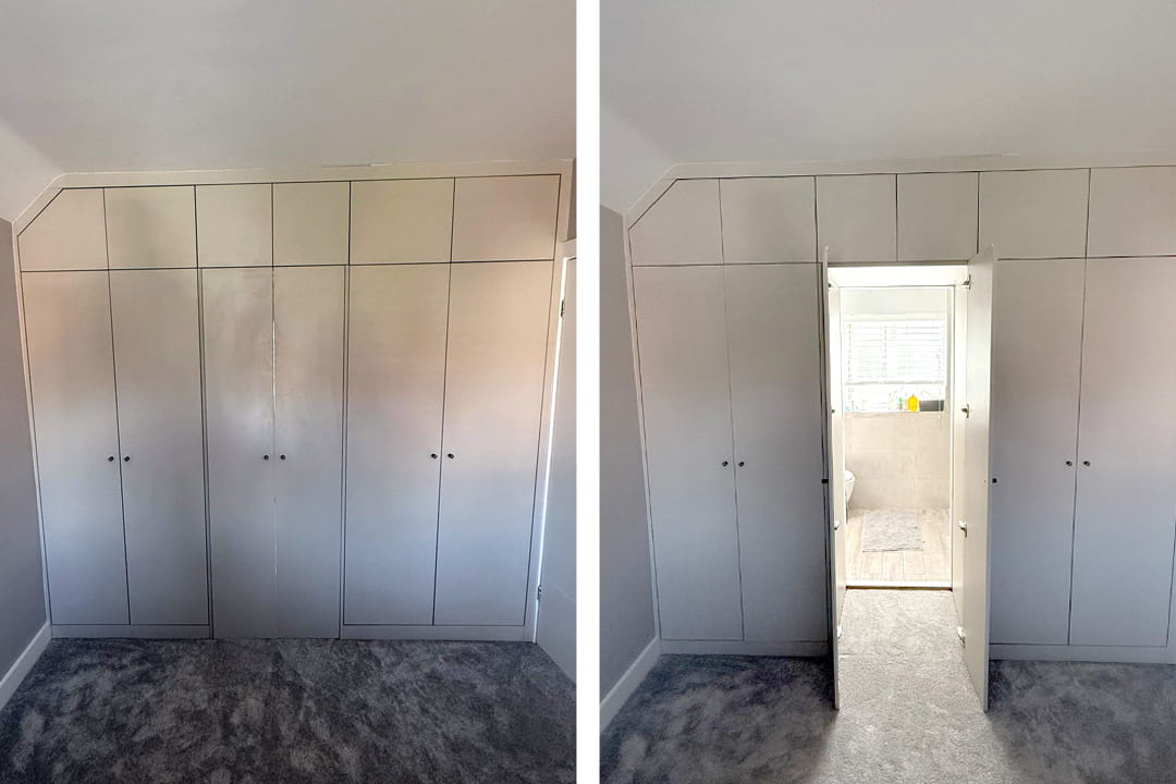 Grey built-in wardrobes with a hidden door to an ensuite bathroom