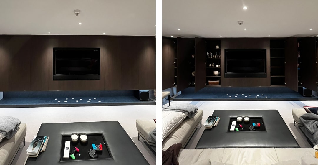 Cinema media wall shown with cabinets closed and open