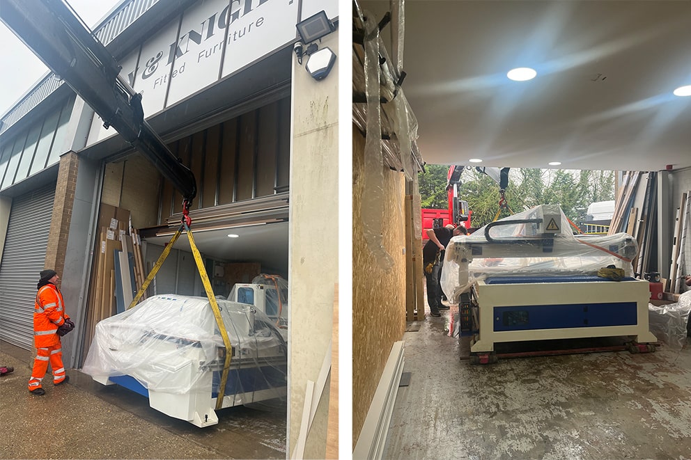 CNC machine being craned into the workshop