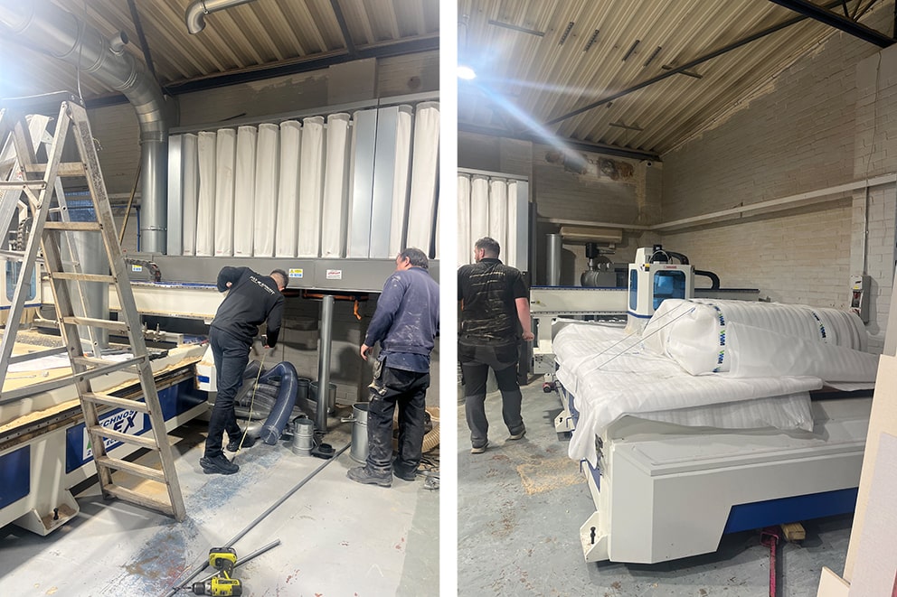 Workers unpacking and preparing the new CNC machine