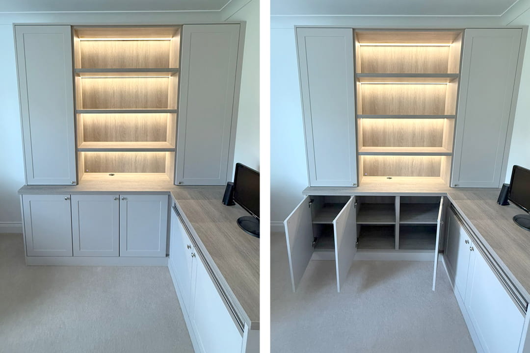 Cream corner home office with lit shelving and oak-effect desk
