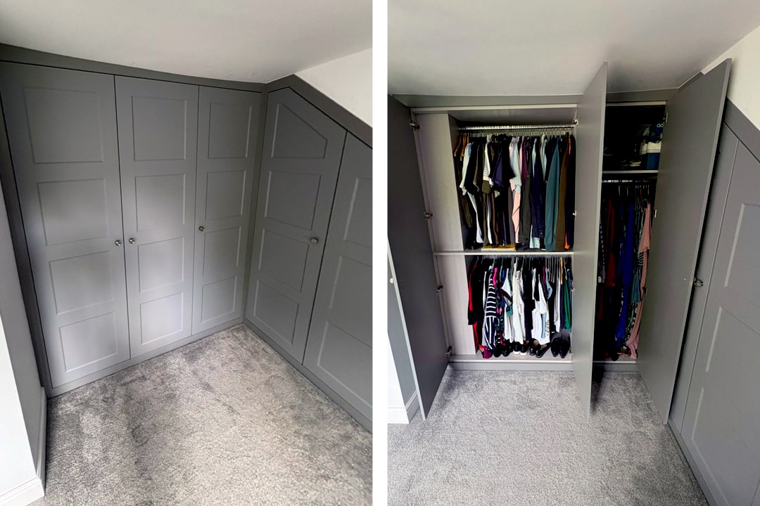 Grey sloped-ceiling wardrobe shown closed and open with clothes