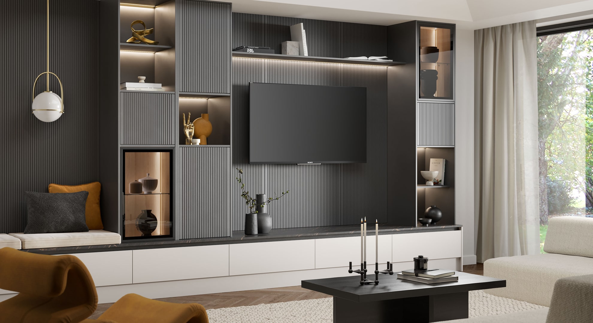 Bespoke TV and media unit wall built around a wall-mounted television