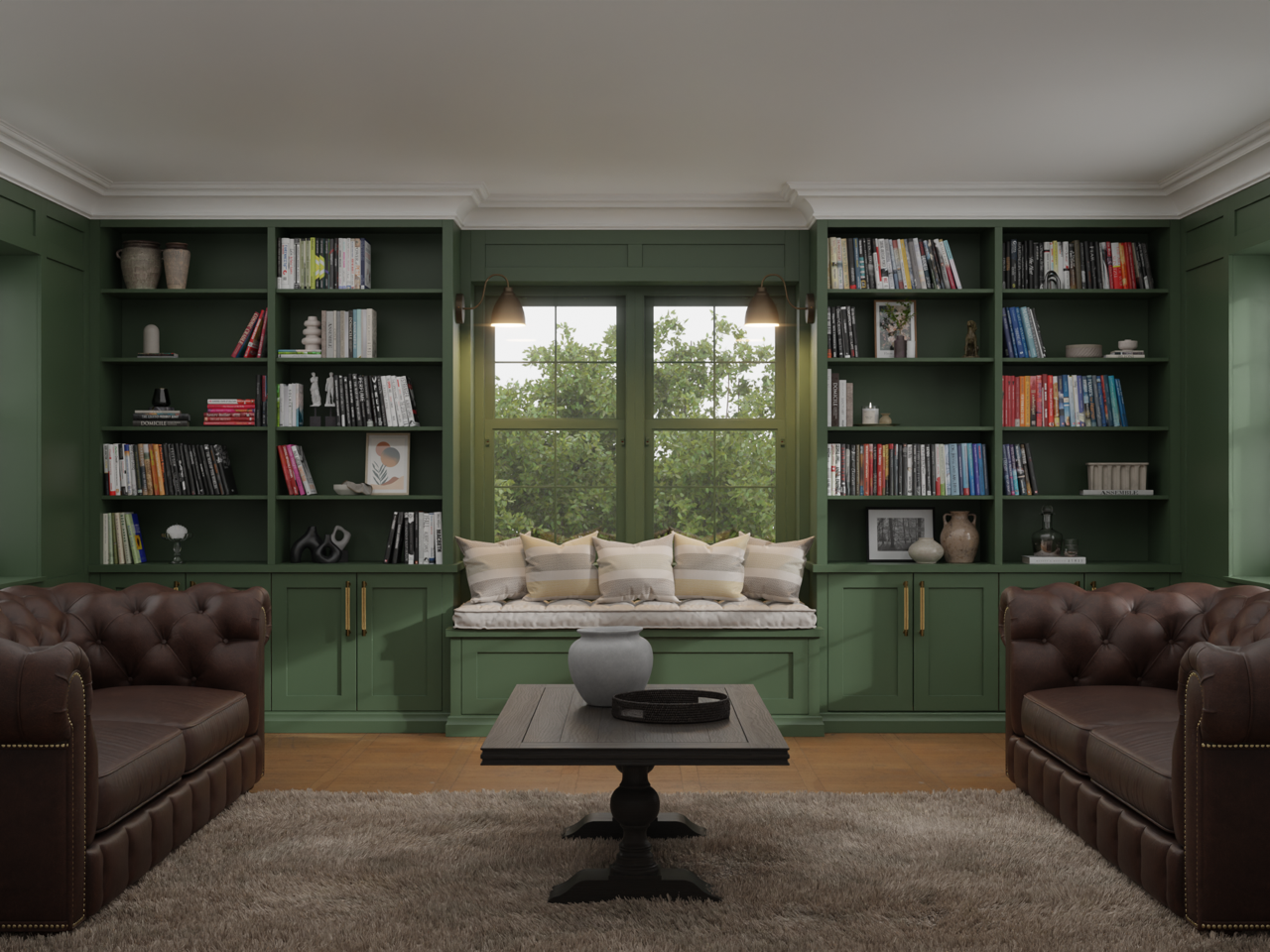 Bespoke green library wall with floor-to-ceiling bookcases