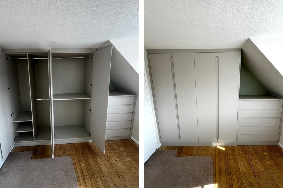 Light grey handless fitted wardrobes, open and closed under sloped ceiling