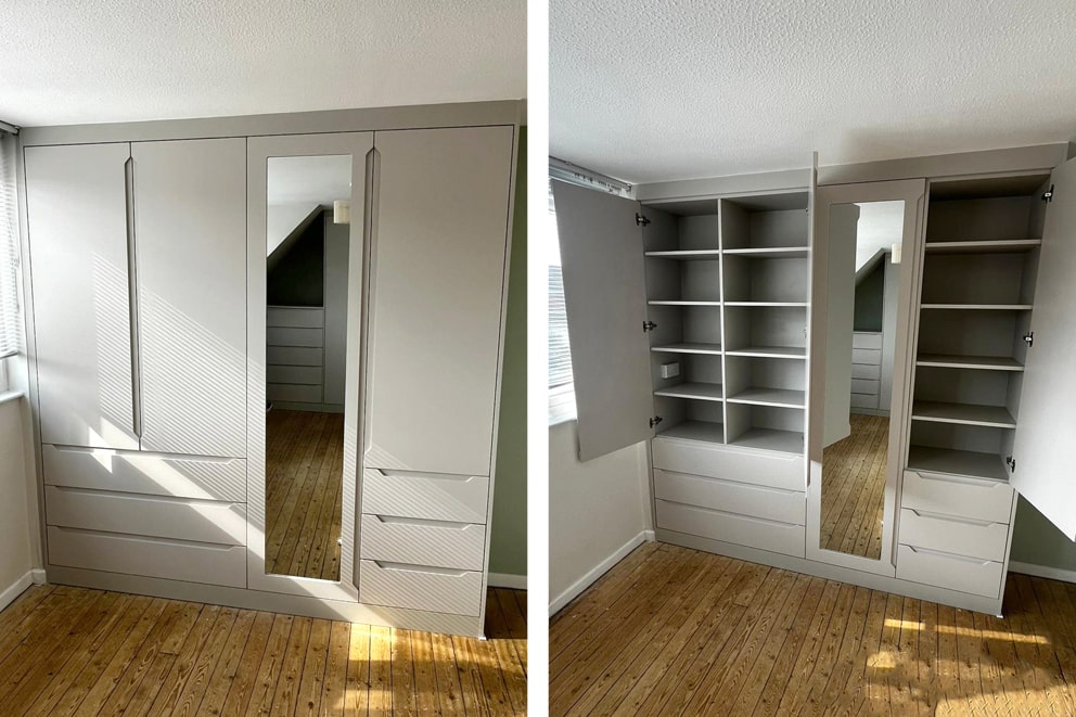 Light grey handless wardrobes with mirror, shown closed and open