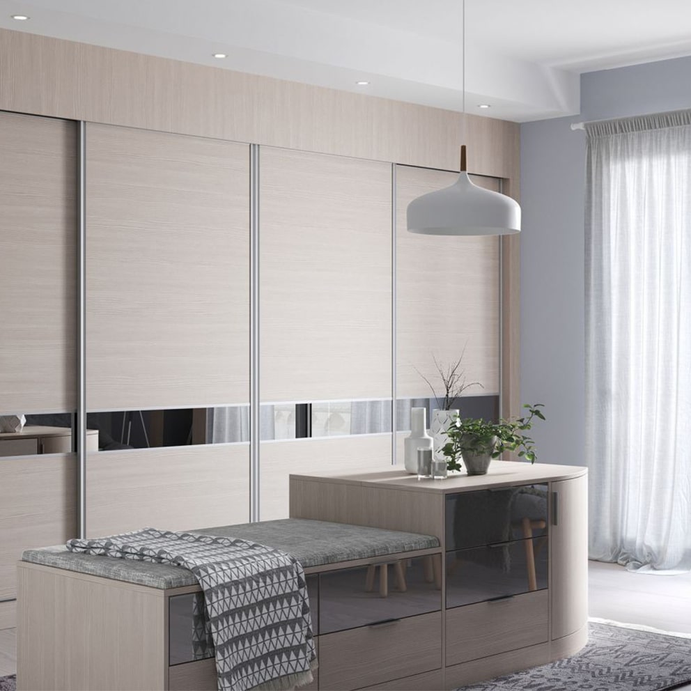 Light pine and grey mirrored sliding wardrobe doors
