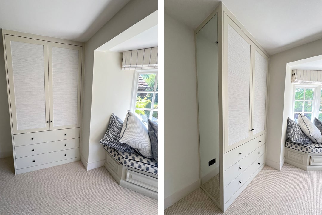 Cream fitted wardrobes beside upholstered bay window seat