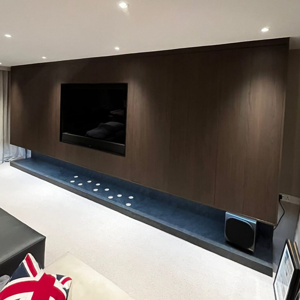 Luxury Cinema Room Bespoke Media Wall Unit & Bar in Virginia Water, Surrey