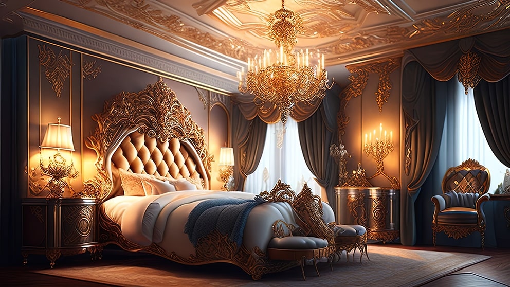 Opulent gold bedroom with chandelier and tufted upholstered bed