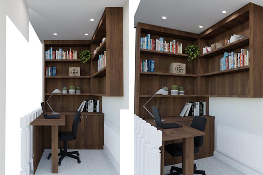 3D render of walnut corner desk and bookshelves