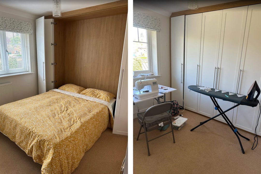 Murphy bed pulled down then folded away revealing sewing room