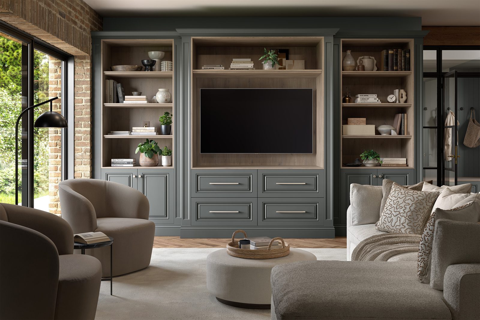 Sage grey media wall with a wall-mounted TV and oak-lined shelving