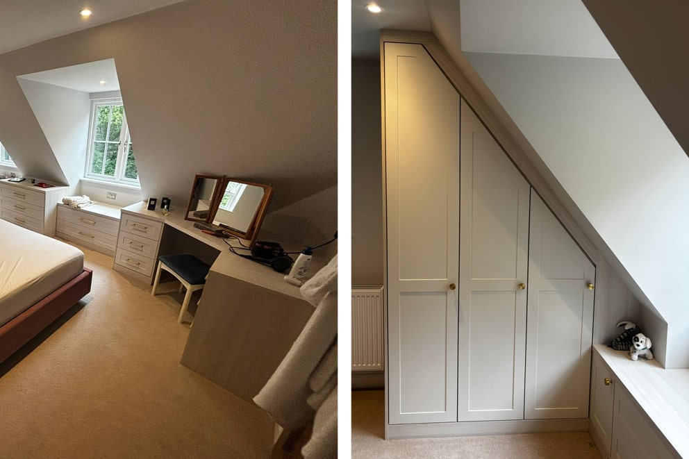 Cream shaker dressing table and angled-ceiling fitted wardrobe