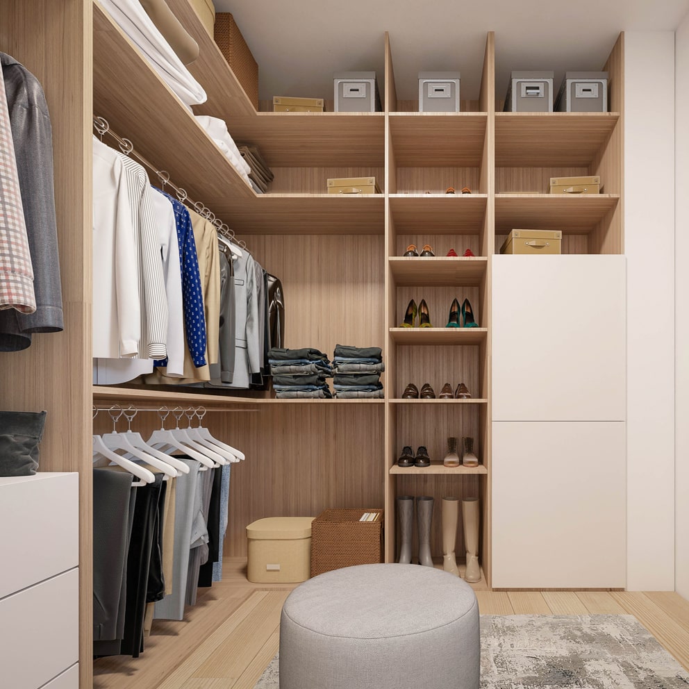 Space-saving fitted dressing room cupboards
