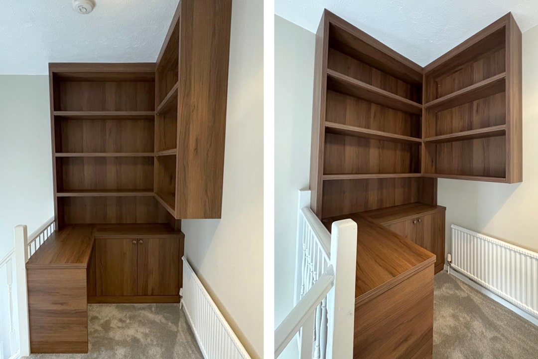 Walnut corner desk and shelving on staircase landing