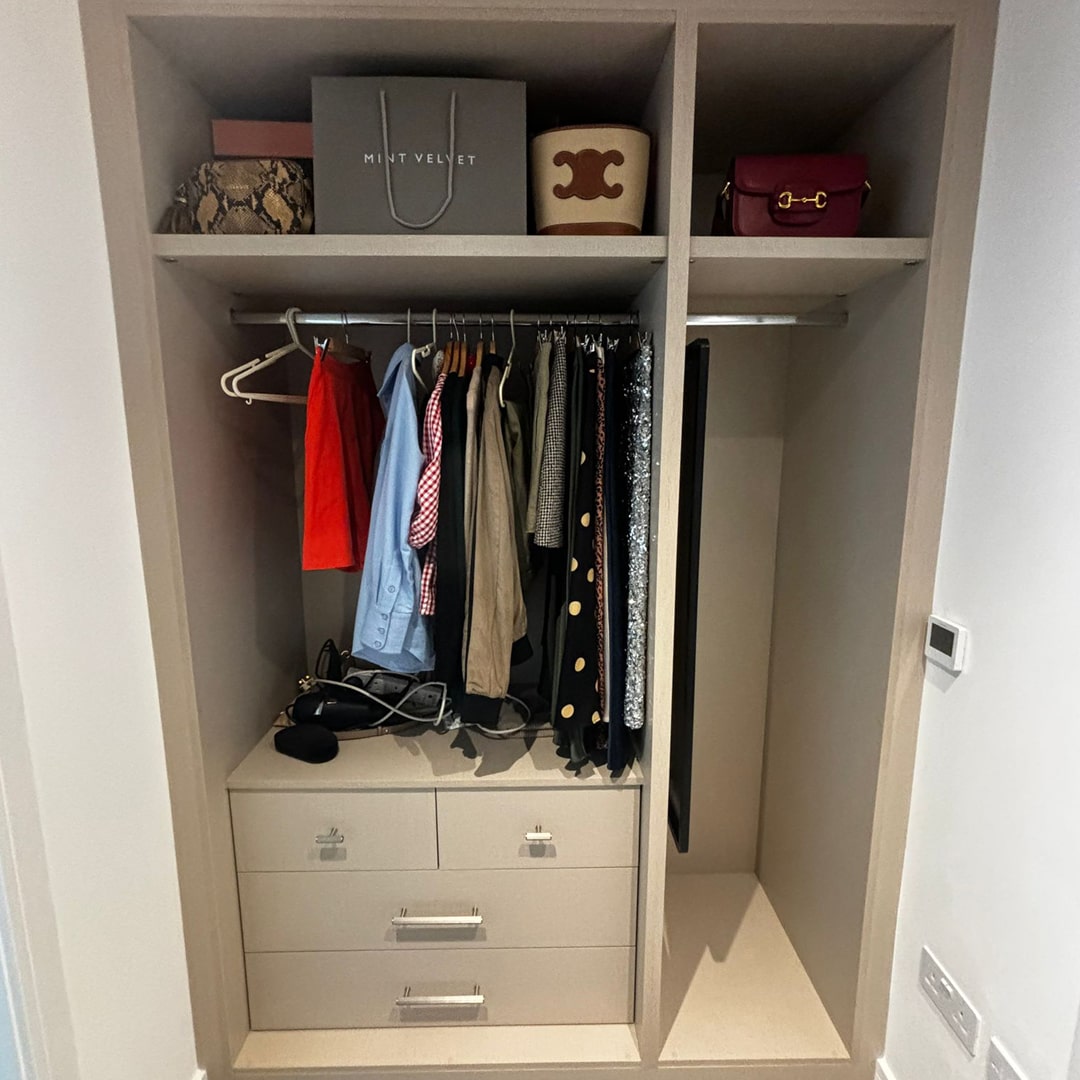 Taupe alcove wardrobe with shelf, hanging rail and drawers