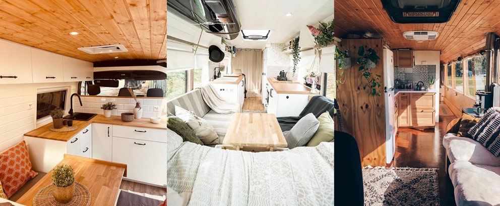 Three camper van conversion interiors with wood and plants
